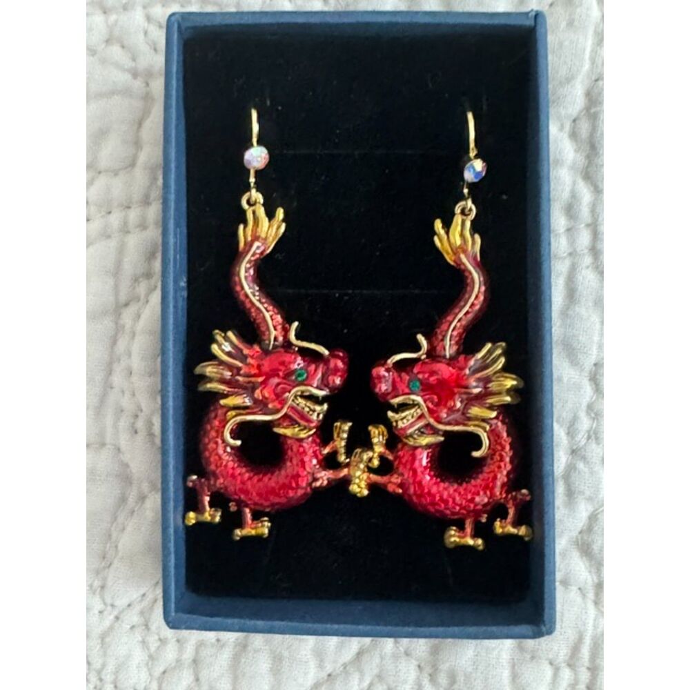 NIB Red Enamel Dragon Oriental gold-tone earrings.